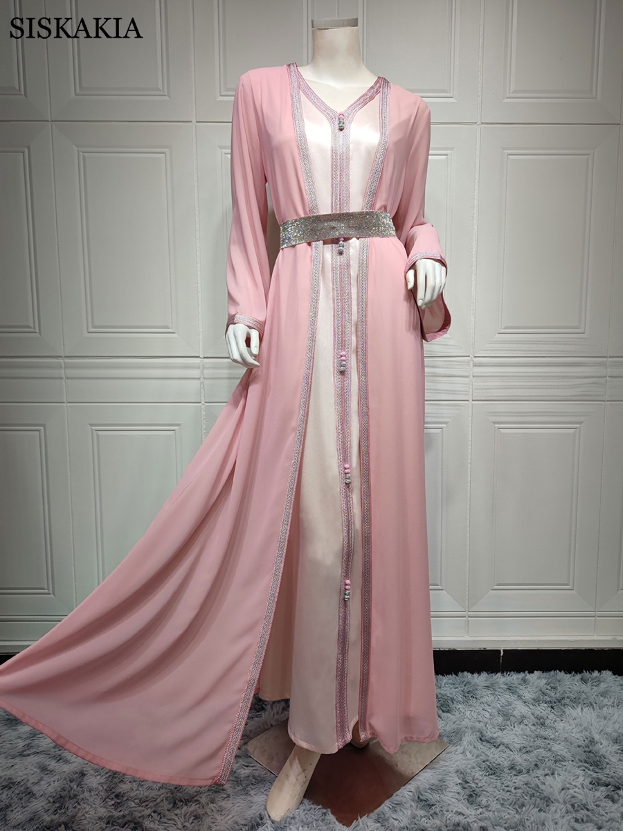 Twee Stukken Abaya Set Vrouwen Vest Lange Jurk Met Chiffon Bovenkleding Mubarak Eid Moslim Marokkaanse Caftan Arabische Oman Dubai Jalabiya