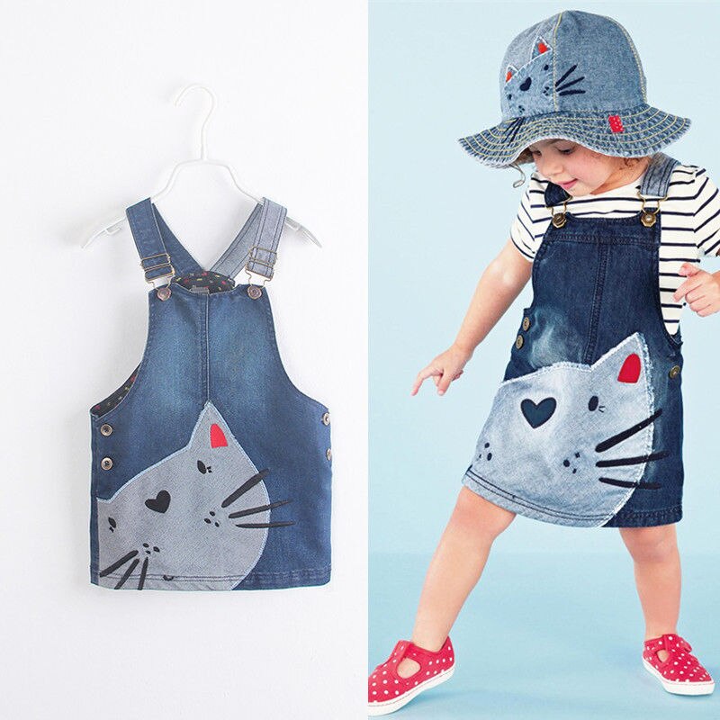 US Cute Cat Baby Kids Toddler Denim Jeans Overalls Dress Skirt Clothes Summer
