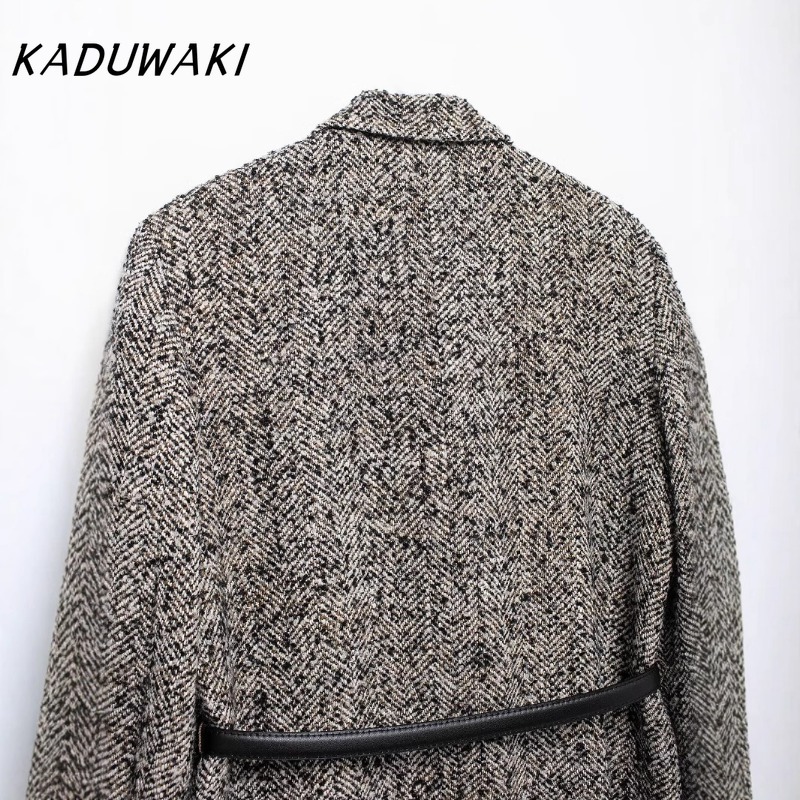 KADUWAKI Cappotto strutturato grigio a maniche lunghe con risvolto retrò Classico blazer versatile per pendolari allentato con cintura Куртка Ж gessi¢юшоном