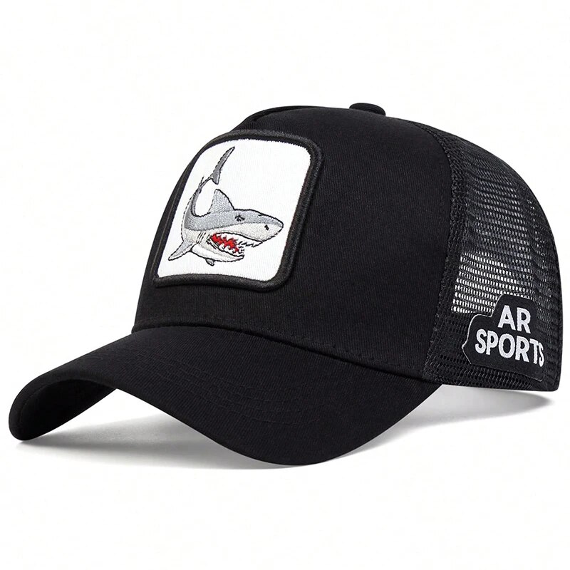 Unisex Shark Patch Embroidery Baseball Net Caps Spring Summer Outdoor Adjustable Casual Hats Sunscreen Hat: black