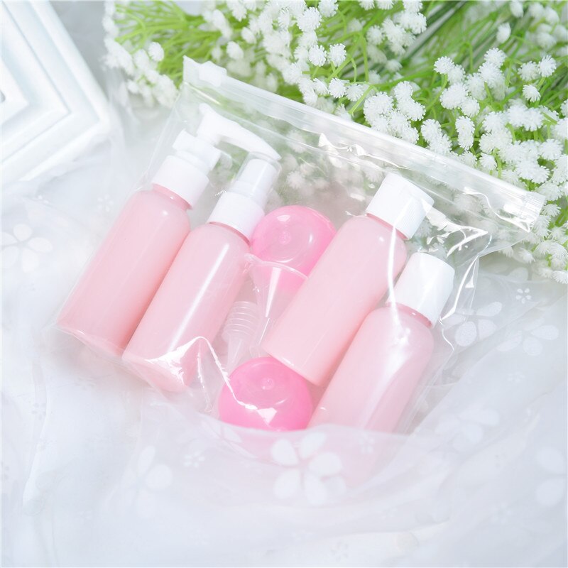 Bærbar 7 stk/sæt gennemsigtigt plastik rejsesæt make-up sprayflaske genopfyldelige flasker kosmetiske flasker: B sæt