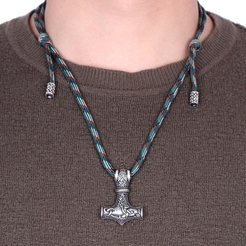 Nordic Thor Hammer Mjolnir Amulet Pendant Viking Jewelry Talisman Scandinavian Rope Chain Male Necklace: Style 2