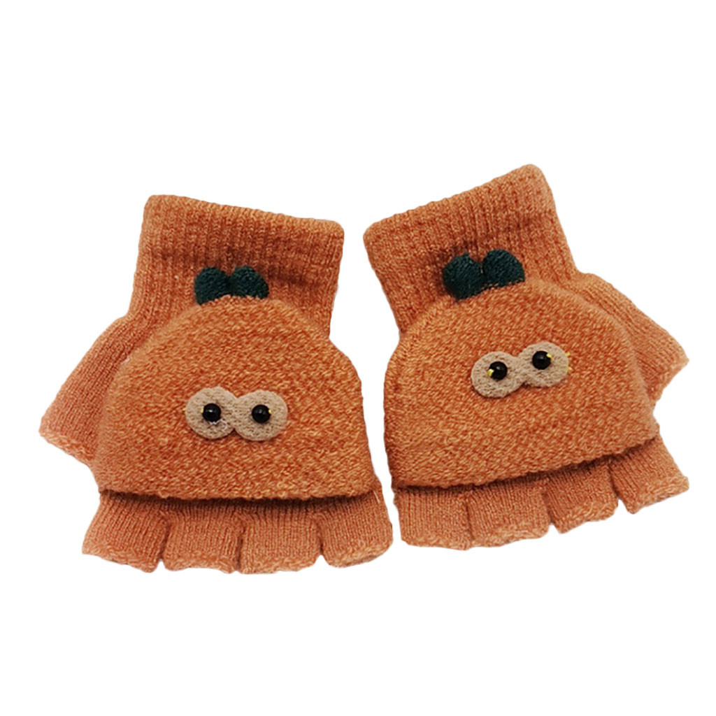 Children Kids Boys Girls Winter Cartoon Cat Patchwork Color Warm Knitted Gloves Kids Boy Girl Convenient Half-finger Gloves: Orange