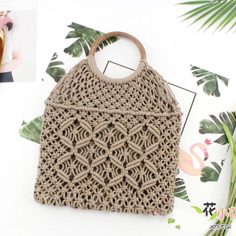 Popula Cotton Rope Hollow Straw Bag Sheer Macrame Tote wooden ring rattan handle Net Bag Vintage Retro Chic handbag: gray / no lining