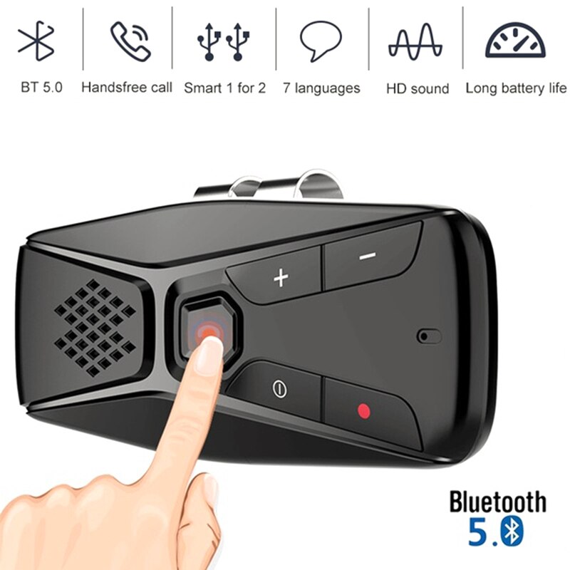 Bluetooth 5.0 Handsfree Bellen Carkit Auto Zonneklep Oplaadbare Draadloze Speakerphone Zeven Taal Muziek Ontvanger