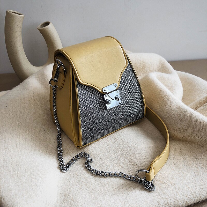 Contrast color Bucket bag PU Leather Women's Handbag Lock Chain Shoulder Messenger Bag: yellow