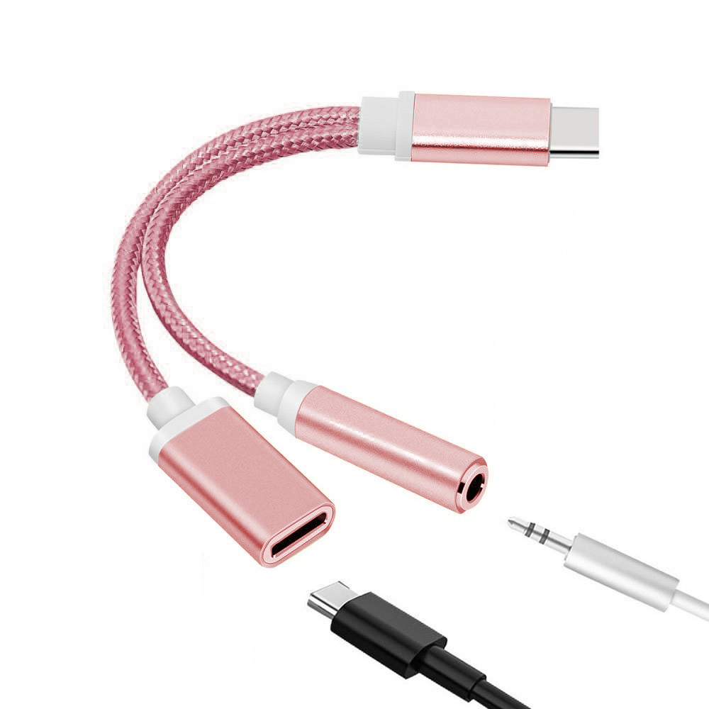 3.5 Mm Hoofdtelefoon Audio Jack Adapter 2-In-1 Usb Type-C Om 3.5 Mm Koptelefoon Adapters converter 1 Pc 3-In-1 USB-C Weven Adapter Kabel