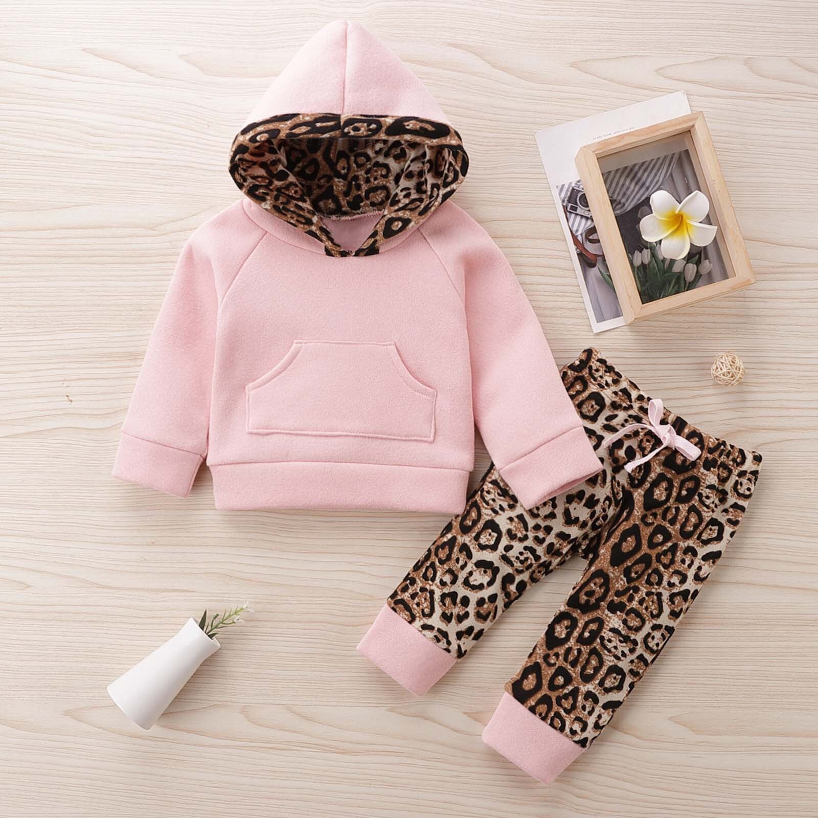 Peuter Set Baby Jongens Meisjes Winter Mode Dikke Warme Capuchon Leopard Pocket Socket Tops + Broek Outfits Kinderen kleding
