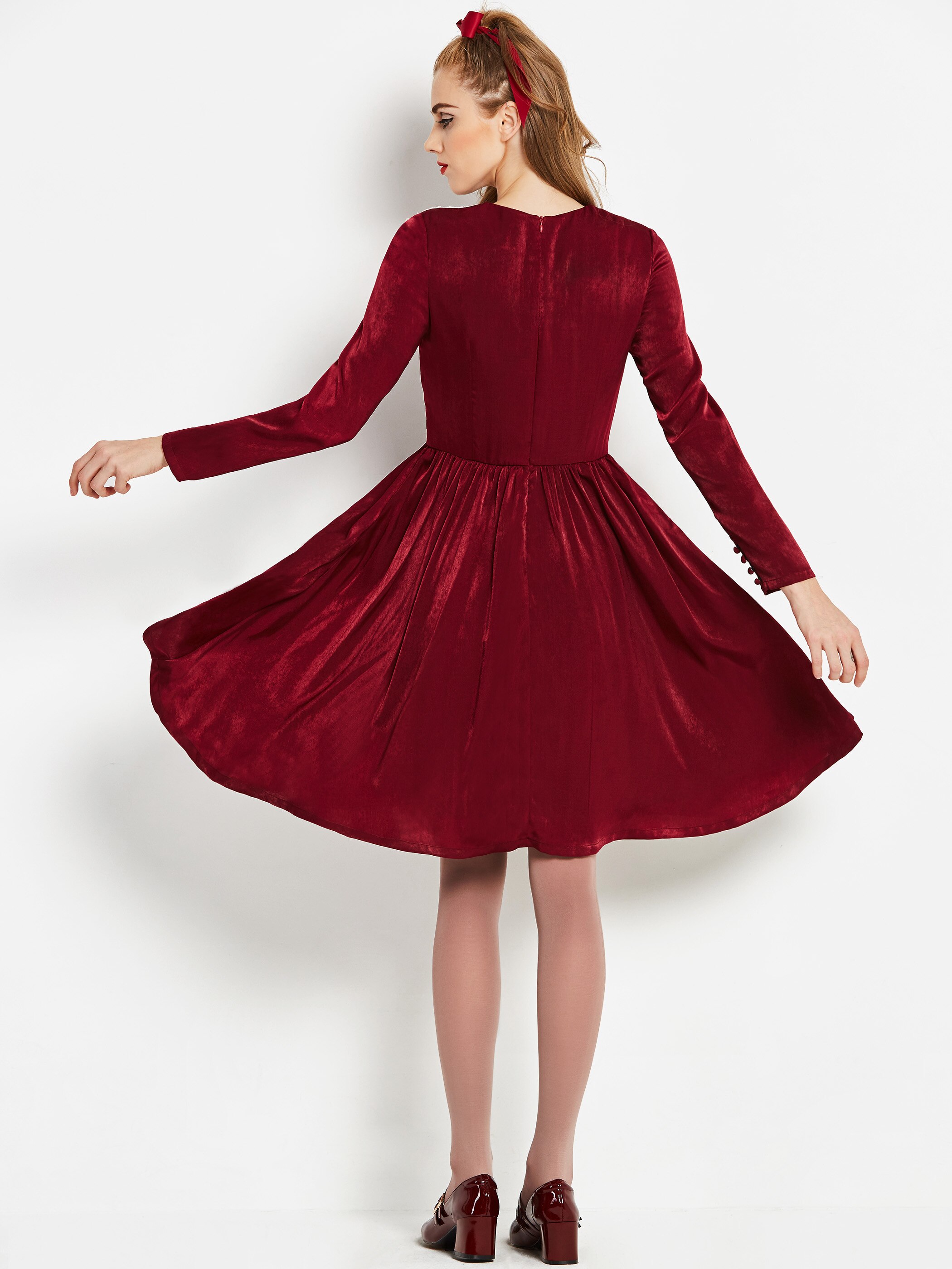 Vestidos por debajo de la rodilla elegantes para Casual Vintage dulce primavera Oficina para mujer Aline Zipper femenina Retro vestido Borgoña