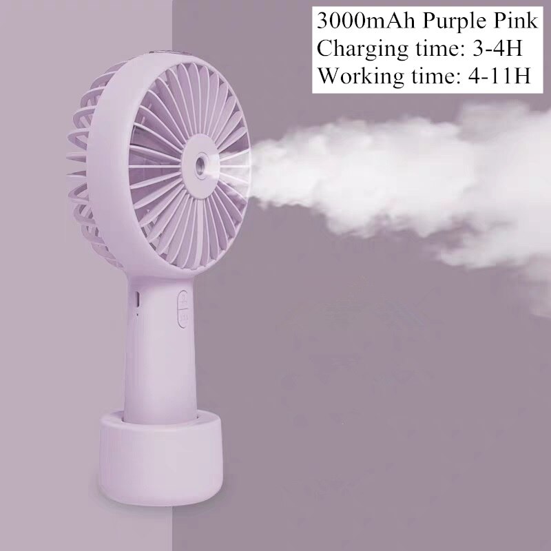 Battery Portable Water Spray Mist Fan Electric USB Rechargeable Handheld Mini Fan Cooling Air Conditioner Humidifier for Outdoor: 3000mah purple pink