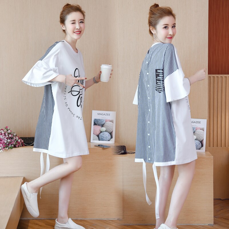 Zomerse oversized streep patchwork zwangerschapsjurk van katoen, plus size letters print, zwangere vrouwen shirts, losse blouses