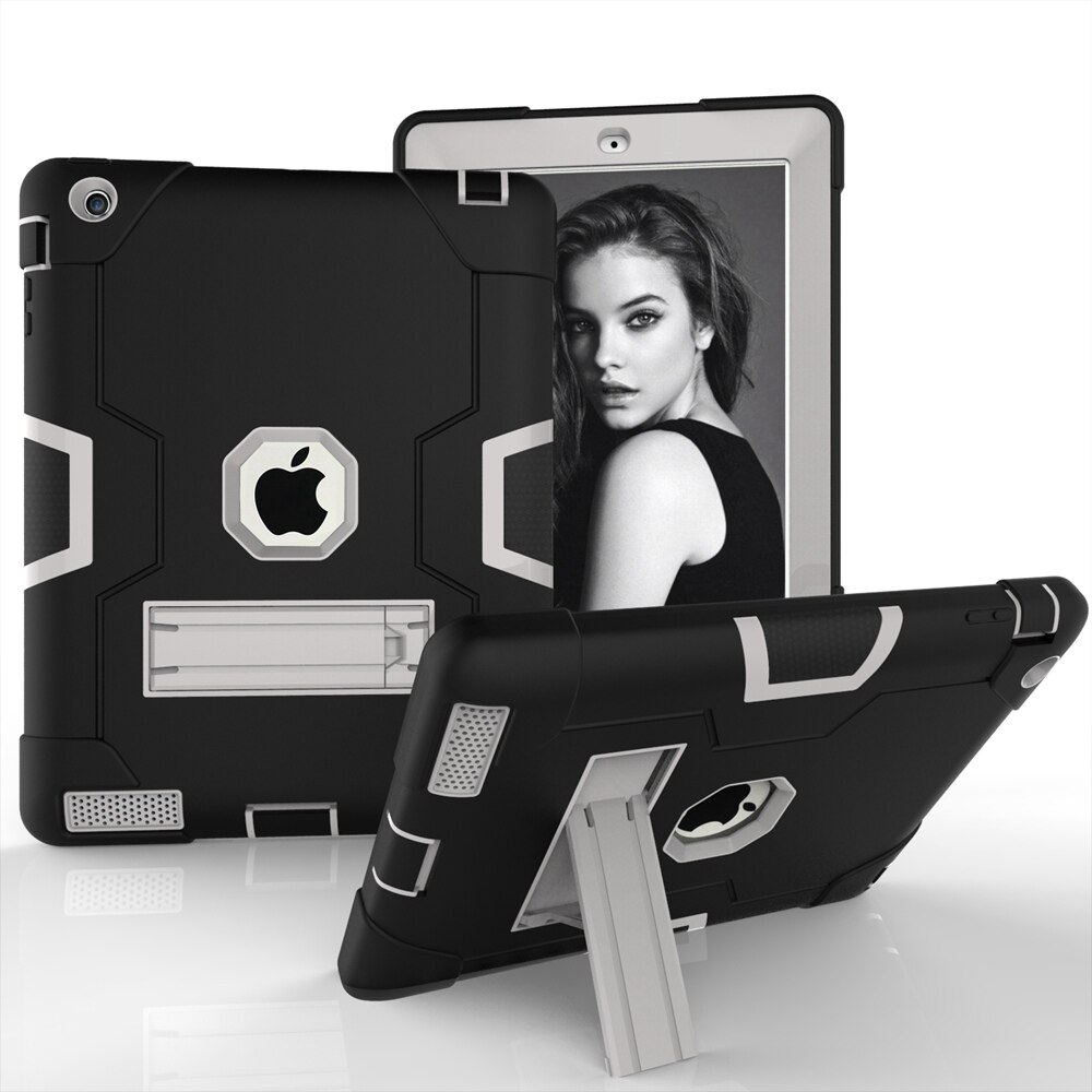 For Apple iPad 2 3 4 A1458 A1459 A1460 A1416 A1397 Case Shockproof Kids Safe PC Silicon Hybrid Stand Full Body Tablet Cover: Black - Grey