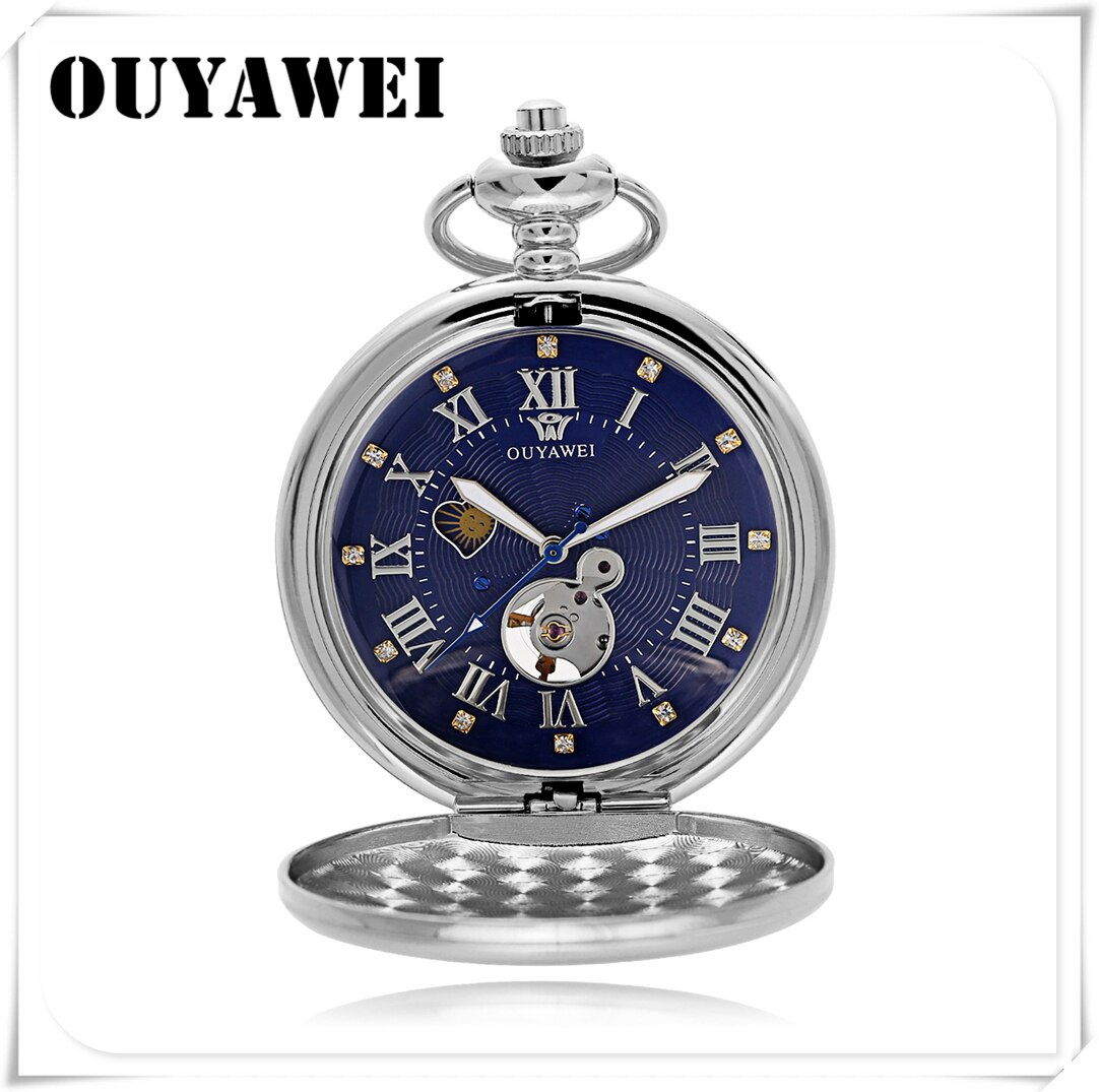 OUYAWEI Luxury Golden Moon Phase Mechanical Pocket Watch Roman Number Tourbillon Dial Pendant Chain Men Women