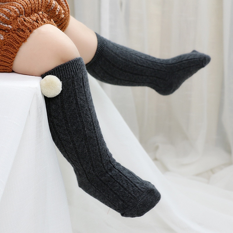 Bomulds baby sokker med pompon strik knæhøje nyfødte sokker til piger drenge 1 par