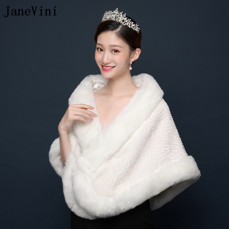 JaneVini Winter White Fur Cape Shawl for Women Wedding Boleros Stole Red Faux Fur Formal Party Wrap Shrugs Jacket Chale Fourrure