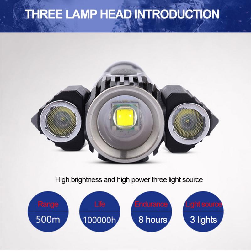 3 Heads Outdoor Aluminum Alloy Flashlight Multi-Function Strong Light Three Lamp Holder Camping Lighting Night Riding Flashlight