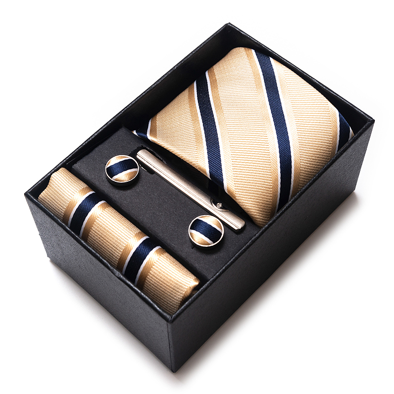 Tie Handkerchief Cufflink Set For Men Necktie Box Blue Gold Suit Accessories Slim Wedding Gravatas