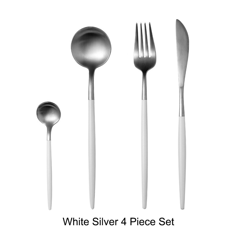 304 roestvrijstalen gouden besteksets, dinervork, mes, lepel, eetstokjes, serviesset, zilverwerk, servies: Wit zilver