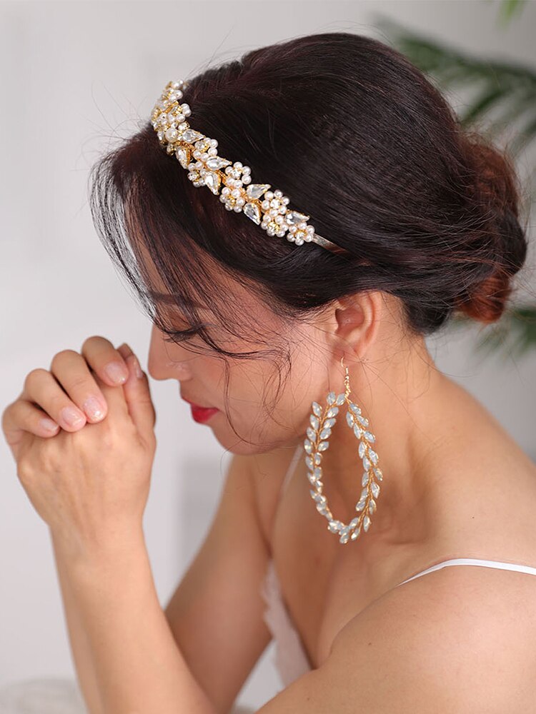 Glimmende gouden bruidshaarband en oorbellen, strass-hoofddeksels, kristallen bruidskroonkapsels, bruidshaaraccessoires voor vrouwen