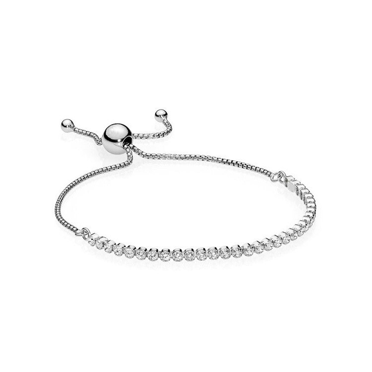 Newest S925 Sterling Silver Sliding Clasp Adjust Fit Original Pan Crystal Bracelet Women Charm Beads Jewelry Bangles: Silver