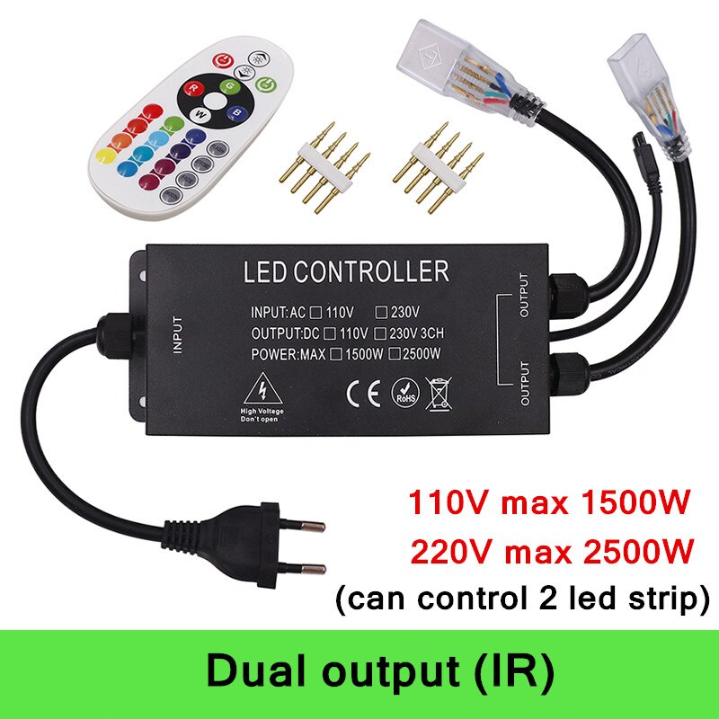 Regulador de intensidad con Bluetooth para música, controlador WIFI de 110V, 220V, 750 V, 1500W, para luz de 5050 Tira de LED RGB de neón, aplicación para IOS/Android: Dual output / 110V US plug