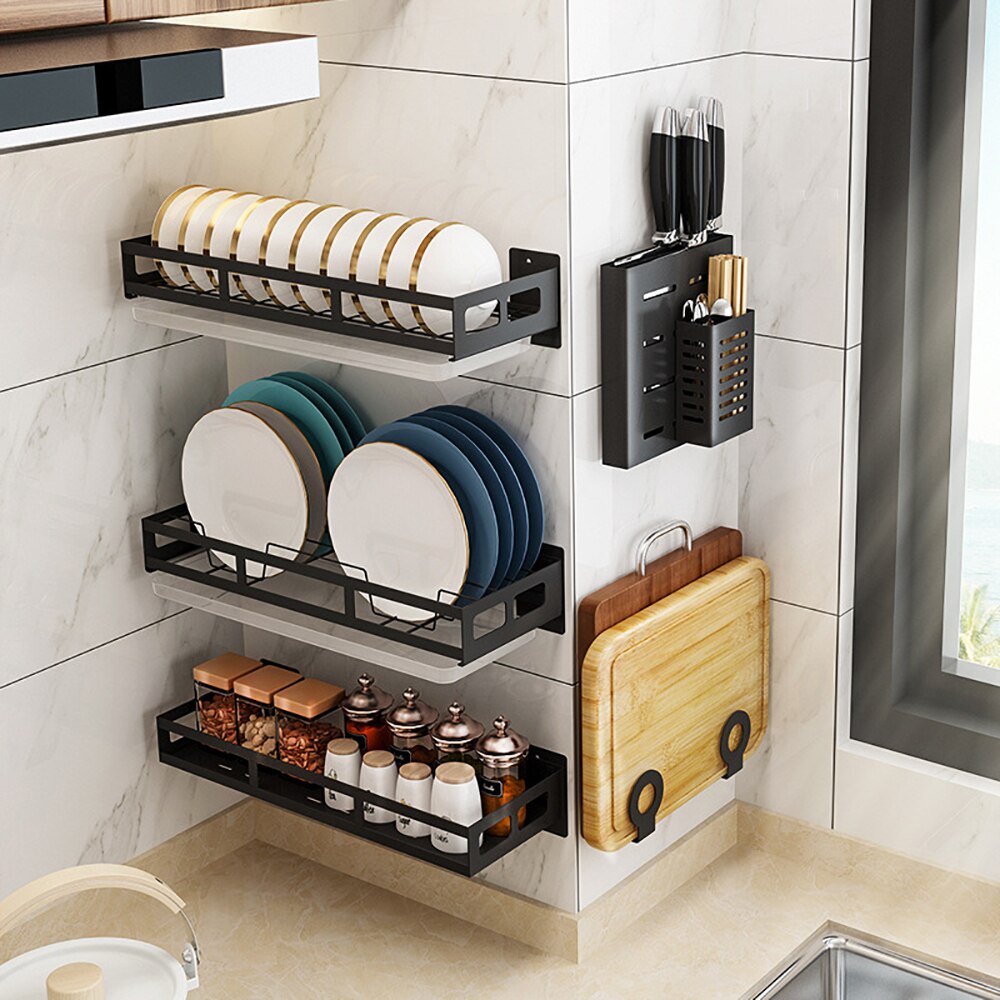 Wall-Mount Spice Racks stainless Kitchen Organizer Storage Shelves Spoon Hanger Hook Kitchen Gadgets Accessories Supplies