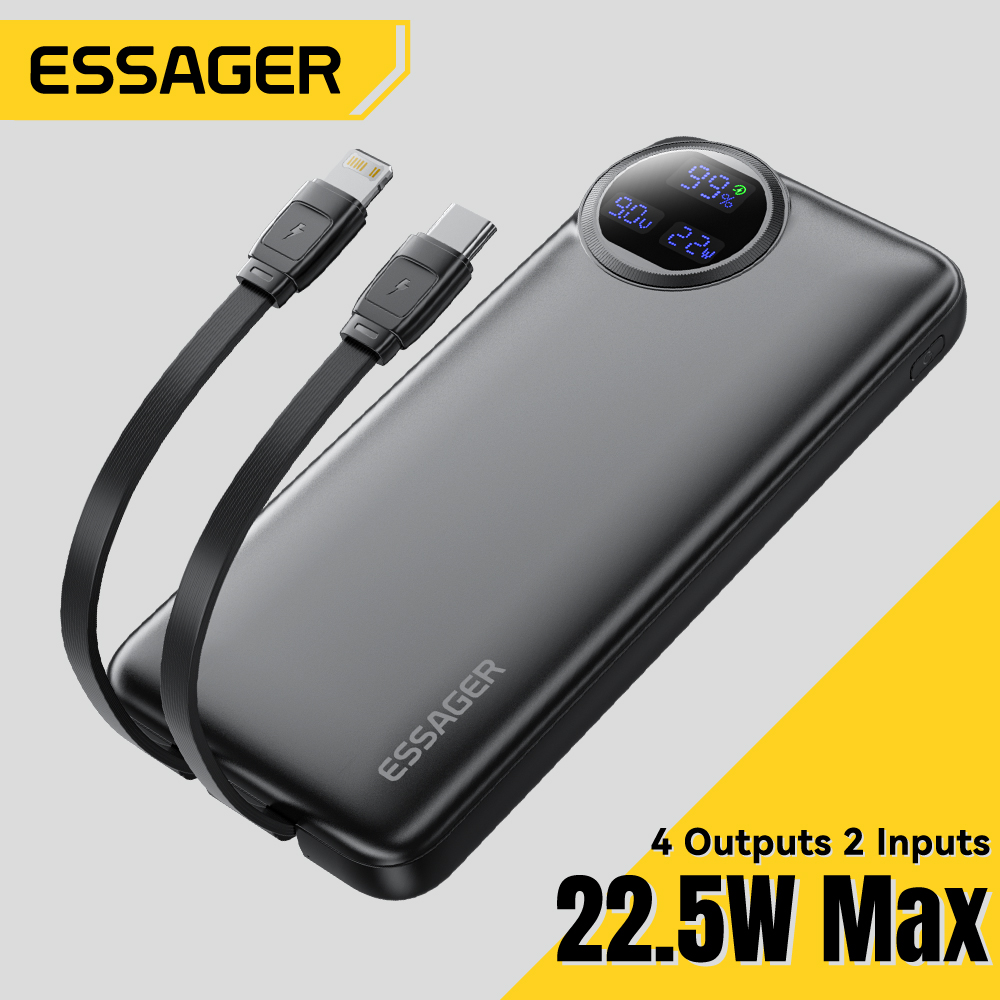 Essager 20000mAh banco de energía portátil con 2 Cables 22,5 W pantalla Digital Powerbank para iPhone 15 14 Samsung Huawei Power Bank