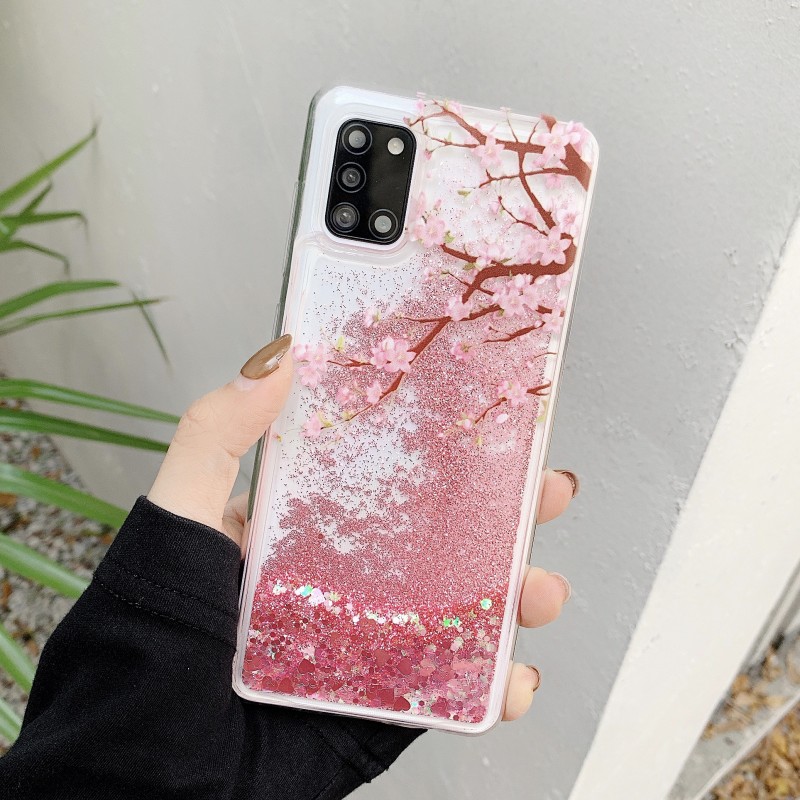 Pink flydende kviksand cover til samsung galaxy  s24 s23 s22 s21 plus  s20 fe s25 ultra  a54 a55 glitter blomster bling klart tpu cover