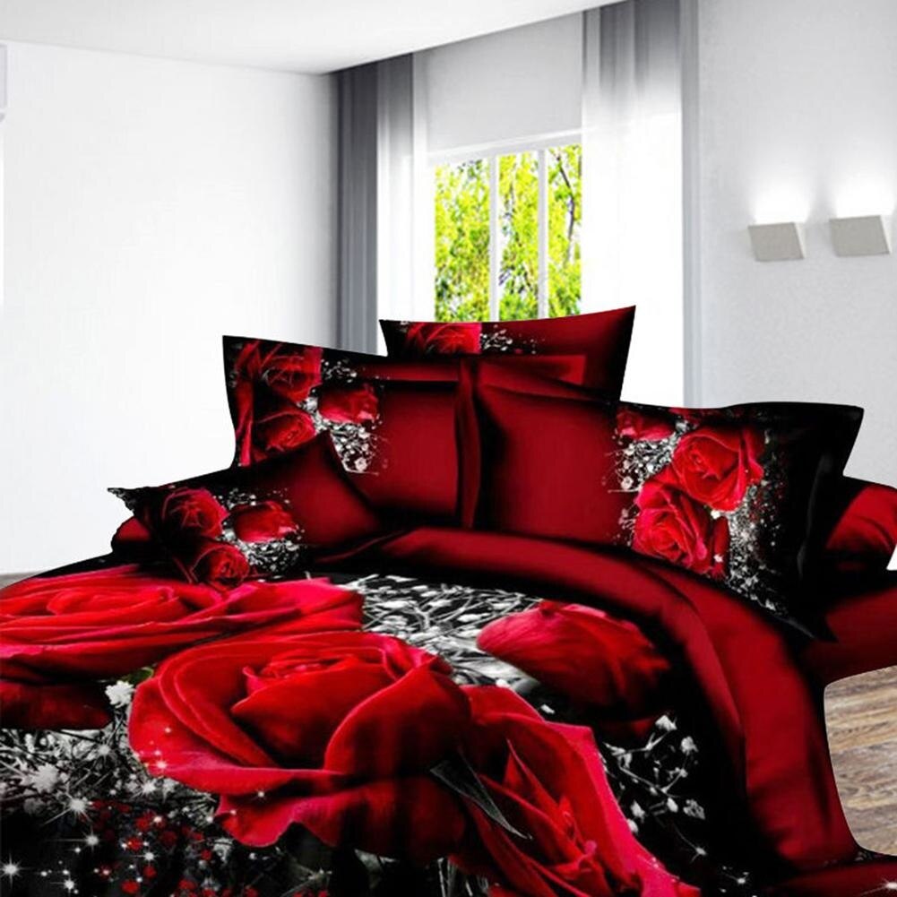 4pc/set 3D Big Red Rose Floral Bedding Sets Wedding Soft Duvet Cover Sheet Pillow Cases Bed Set Queen Bed Linen