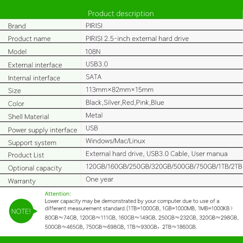 Pirisi 2.5 "bærbar ekstern harddiskdisk 80gb 120gb 160gb 250gb 320gb 500gb 750gb 1tb 2tb højhastigheds usb 3.0 opbevaring hdd