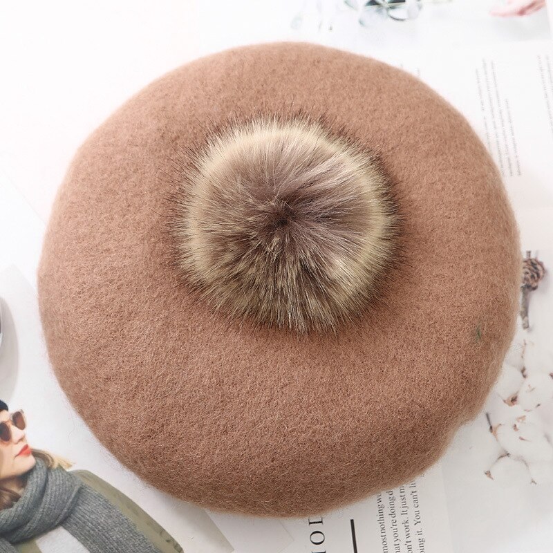 Vrouwelijke Winter Herfst Wollen Pompom Baret Hoed Effen Vrouwen Boina Franse Hoed Meisjes Outdoor Warm Baretten Schilder cap: Light Camel