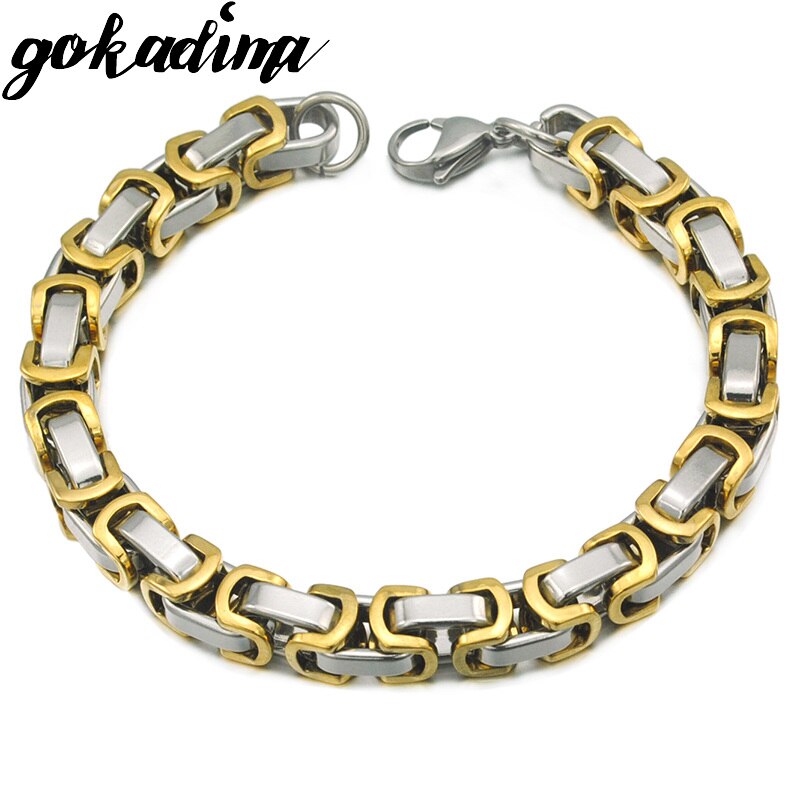 Gokadima herenarmbanden byzantijnse ketting 8mm 22cm pols goudkleurige roestvrijstalen armband voor heren rock/punk sieraden  wb185: Goud zilverkleur