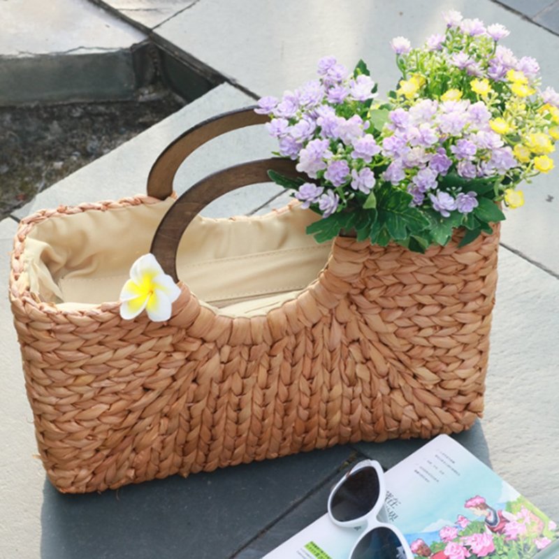 Women's Straw Tote Bag - Large Capacity Shoulder Shopping Beach Travel Bag - Wood Handle