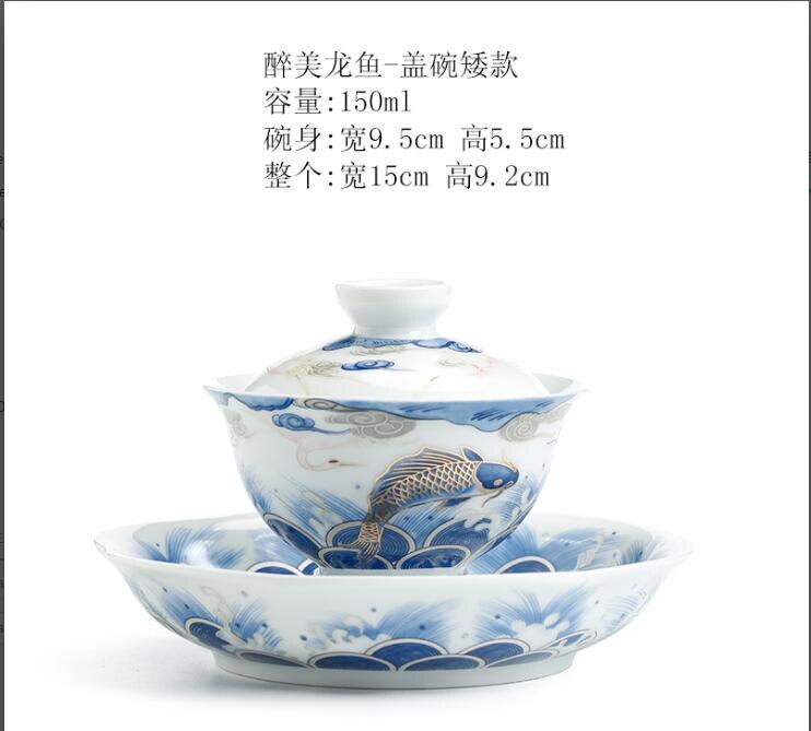 Lovende drage fisk keramisk låg skål te kop blå og hvid porcelæn te skål stor størrelse terrin husholdning kungfu tekop: 2
