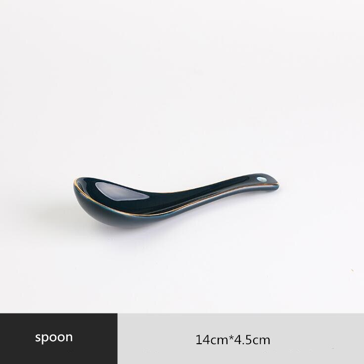 Jante dorée porcelaine vert foncé ensemble d'assiettes de cuisine assiette en céramique vaisselle nourriture plats riz salade nouilles bol tasse couverts: Spoon