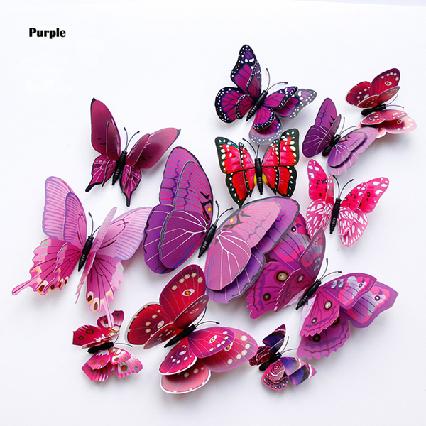 12Pcs Dubbele Laag 3D Vlinder Muur Sticker Op De Muur Home Decor Vlinders Voor Decoratie Magneet Koelkast Stickers: Purple