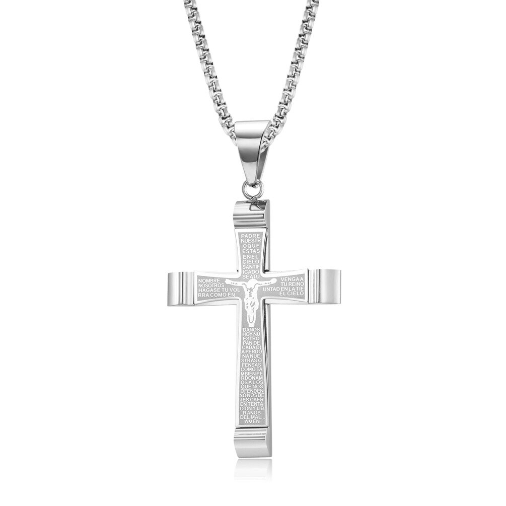 Christian passion bibel jesus halskæder kryds vedhæng rustfrit stål kæde link religiøse mænd far dreng smykker: Sølv