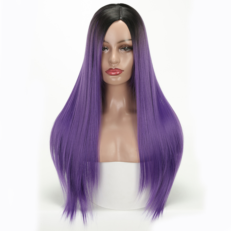Lisi hår sort ombre lilla grøn paryk lange lige parykker syntetiske parykker til sorte kvinder kemisk fiber paryk 26 tommer