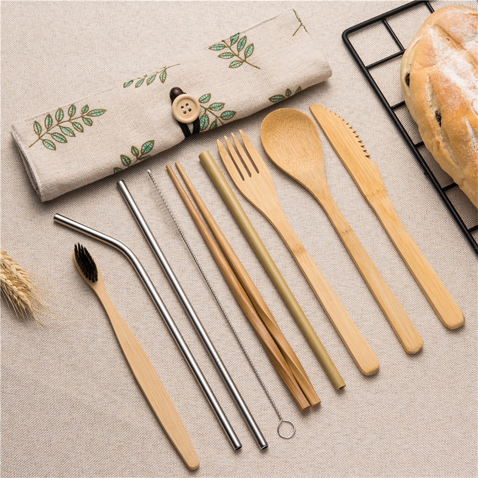 Draagbare Bestek Set Houten Bestek Vork Lepel Mes Tandenborstel Eetstokjes Bamboe Stro met Bestek Zak voor Reizen Picknick Set