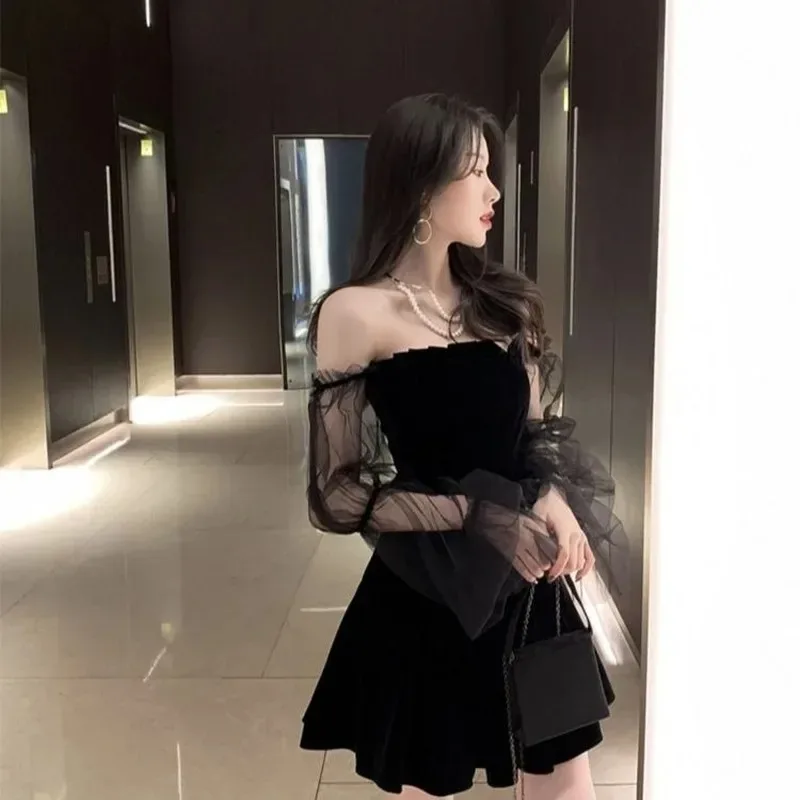 Black Retro Dress Women Lace Chiffon Mini Dress Female High Street Sexy Korean Women Club Dress