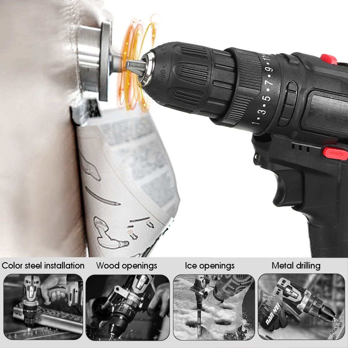 36V Cordless Drill Electric Screwdriver Drill 25+3 Torque With 2Pcs Battery Electric Hammer Impact Drill Power Tool