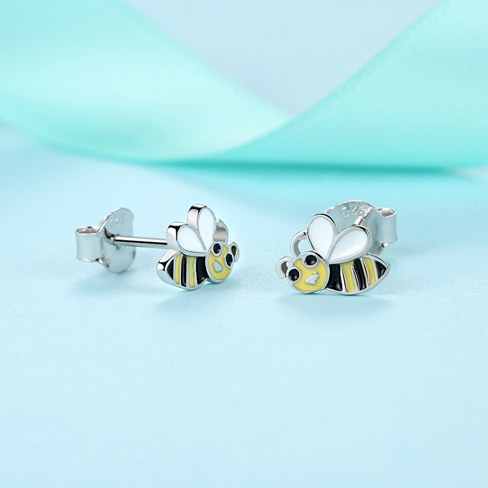 Pendientes de broche de abeja esmaltados para mujer y niño, colección de animales de Navidad, Plata de Ley 925 Original, de joyería para el Día de los niños