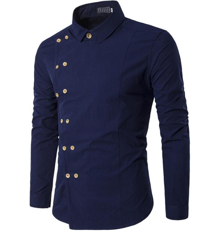 Märke herrskjorta dubbelknäppt klänning skjorta långärmad slim fit camisa masculina casual manliga hawaiianska skjortor: Marinblå / M