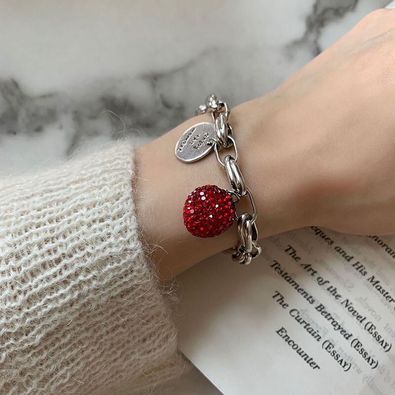 Foxanry 925 selo grosso corrente pulseiras para as mulheres na moda elegante encantador espumante morango zircão festa jóias