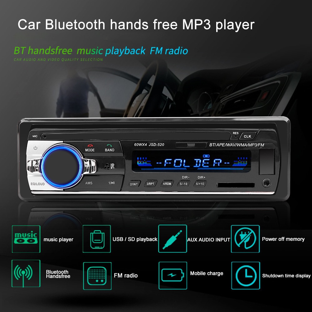 Autoradio JSD 520 estéreo para coche 1 Din coche Radio 12V Bluetooth V2.0 Fm Entrada Aux receptor de Audio de coche Usb SD Mp3 Mmc Wma manos libres
