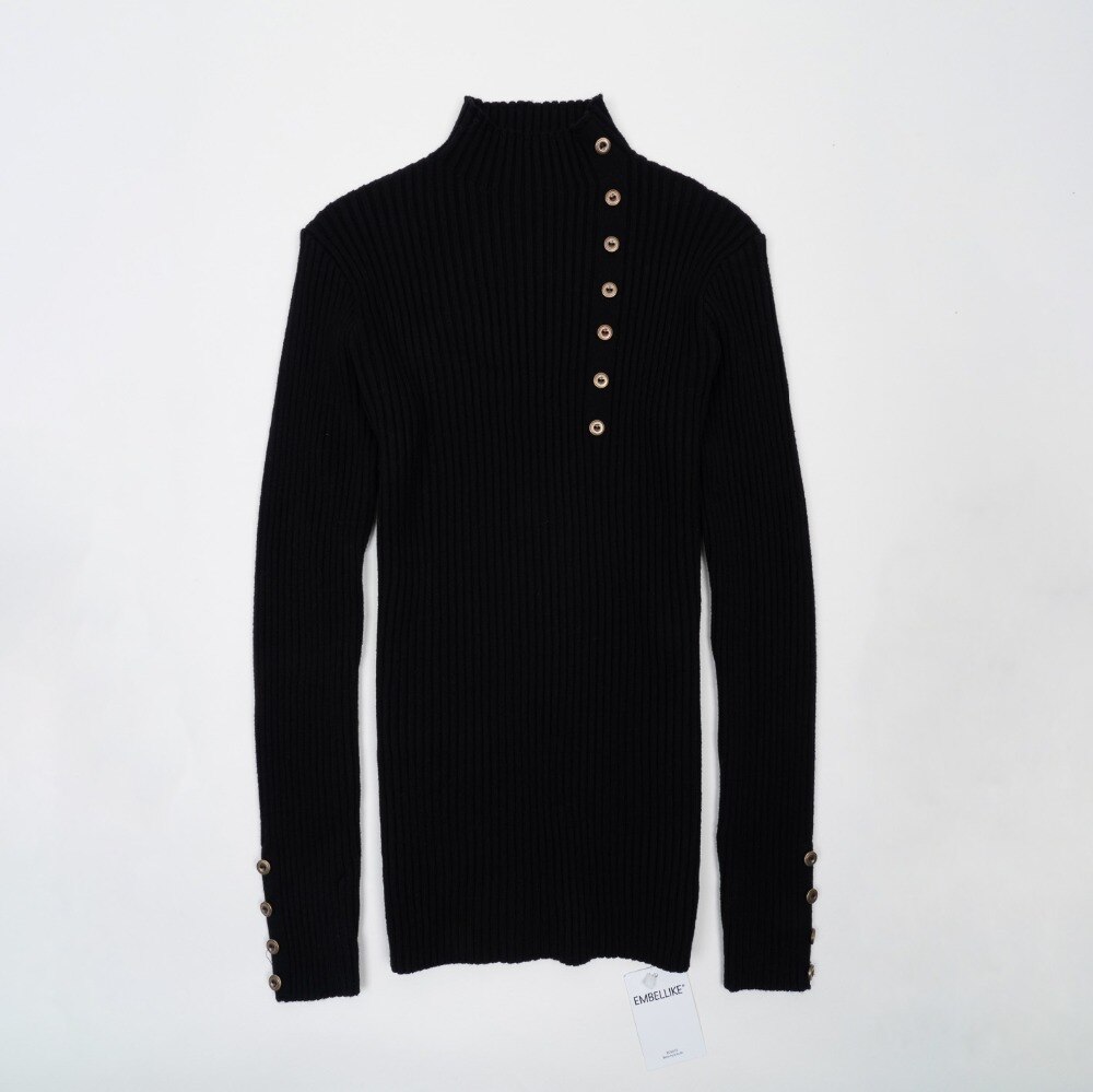 Geribbeld Mock Hals Trui Vrouwen Winter Gebreide Lange Truien Vrouwen Trui Jumper Met Zijknoppen: Zwart