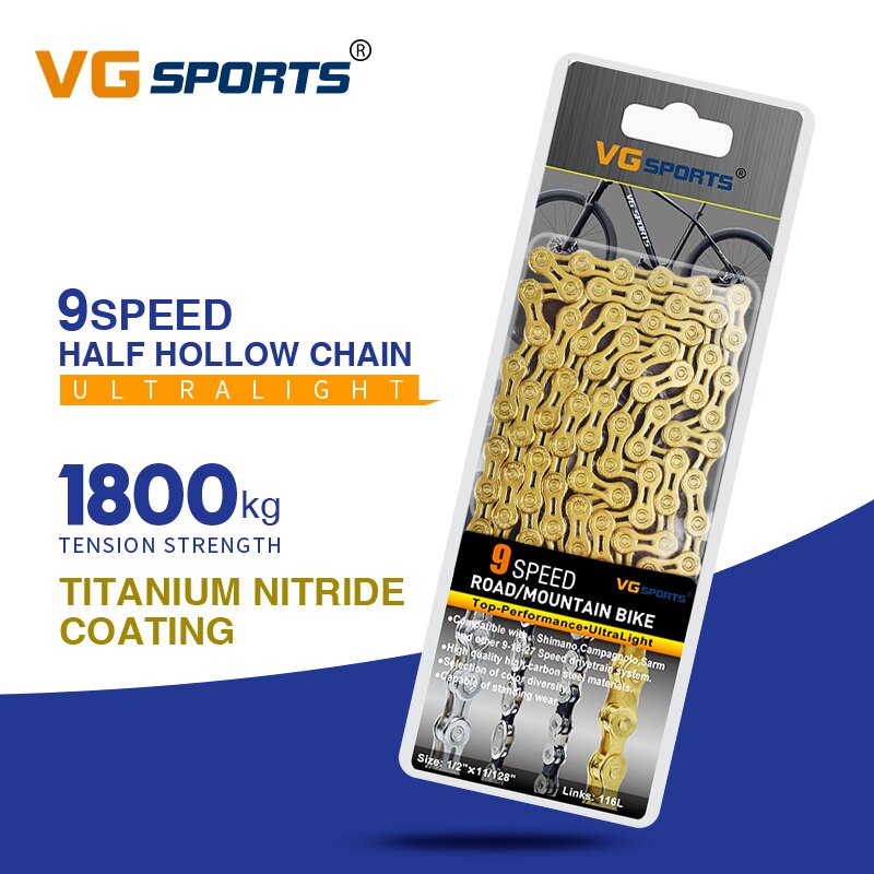 VG Sports 9 Speed Bicycle Chain Half/Full Hollow 116L Titanium Gold Silver Color with MissingLink MTB Mountain Road Bike Chains: 9s Titanium nitride