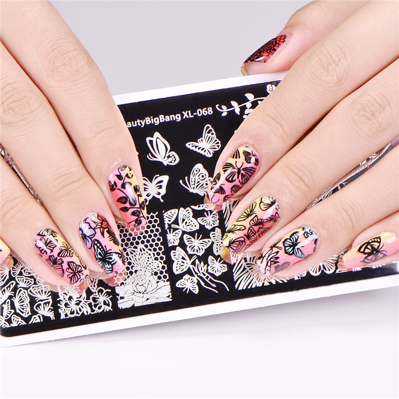BeautyBigBang Stamping Plates for nails Flower butterfly Theme Nail stamping Plates Template Rectangle Nail Art Stencils XL-068