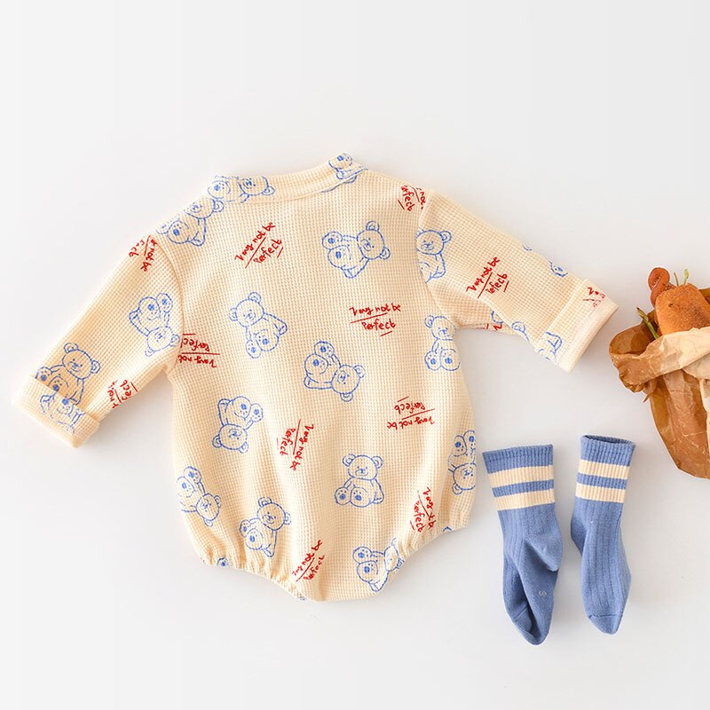 2022 babybodys für frühling und sommer, waffelpiqué, jungenkleidung, langarm, bärenmuster, kleinkind-oberbekleidung