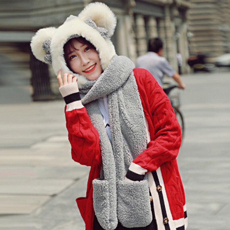 Foux Bomber Hats Women Kids Parent Child Winter Bear Ears Russian Cap Scarf Neck Gloves Snow Warm Baby Boy Girl Ushanka Trooper: Gray